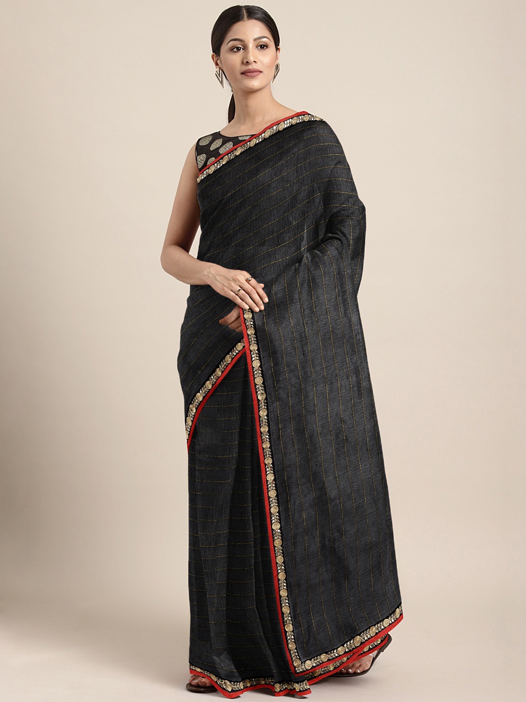 

KALINI Black & Beige Striped Sequinned Silk Cotton Chanderi Saree