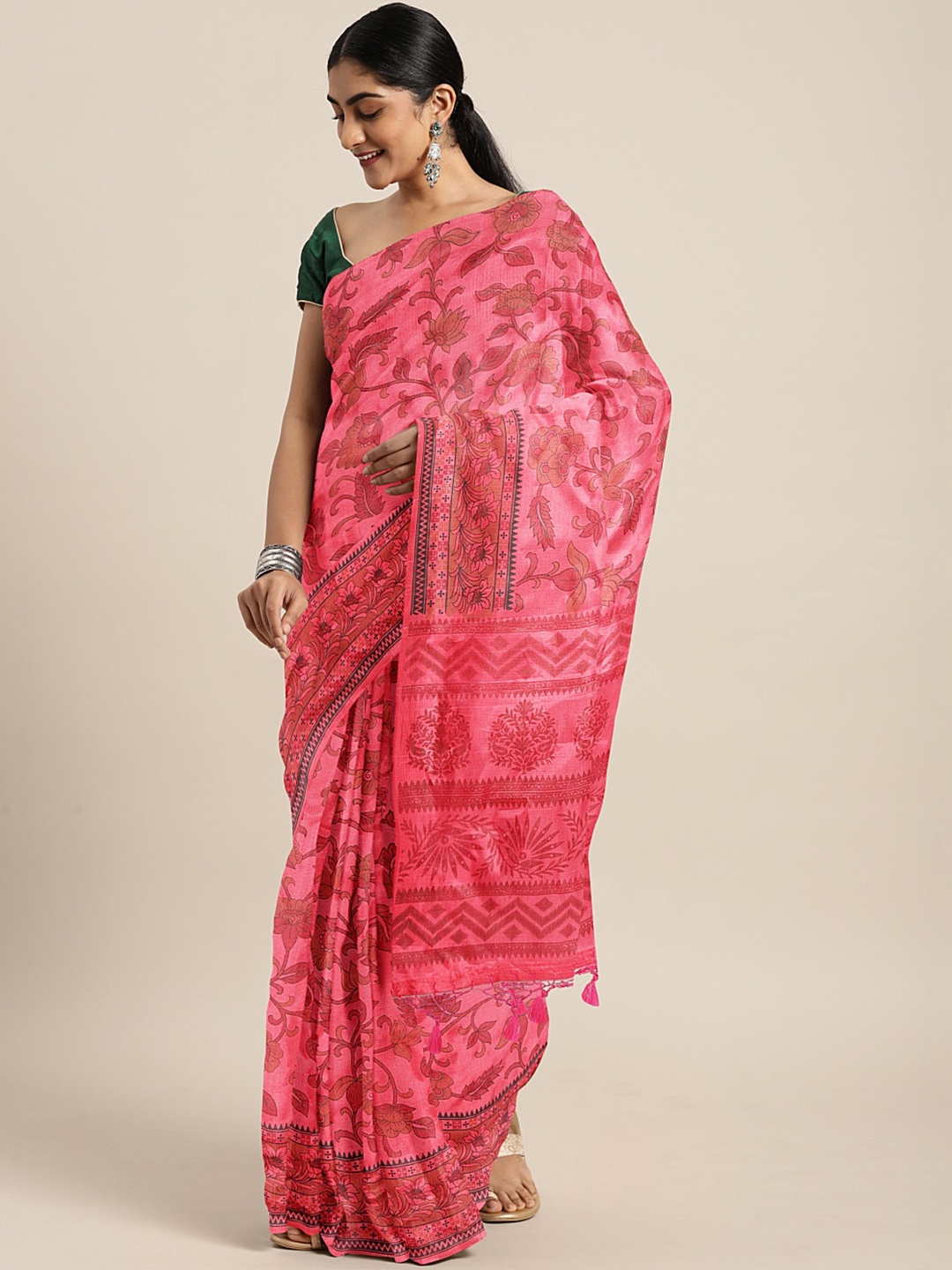 

KALINI Peach-Coloured Ethnic Motifs Tussar Saree