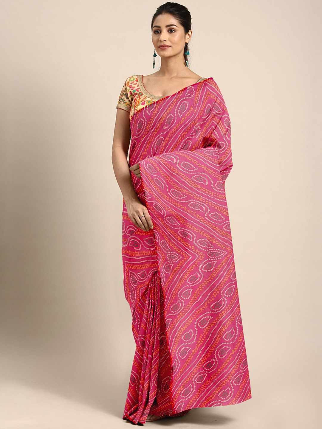 

KALINI Pink & White Bandhani Saree