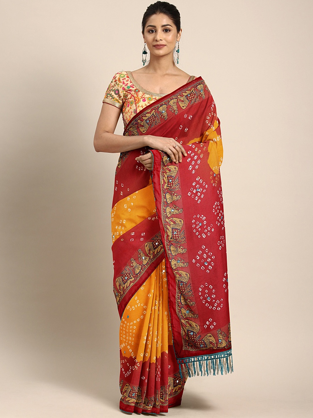 

KALINI Red & Mustard Yellow Mirror Work Bandhani Saree