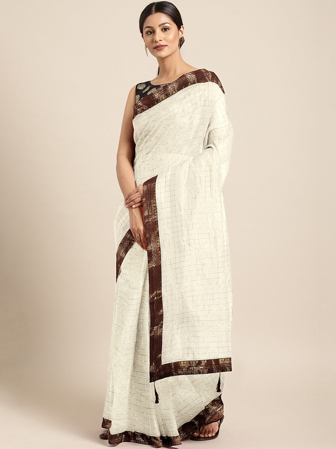 

KALINI Off-White & Maroon Checked Zari Chanderi Saree