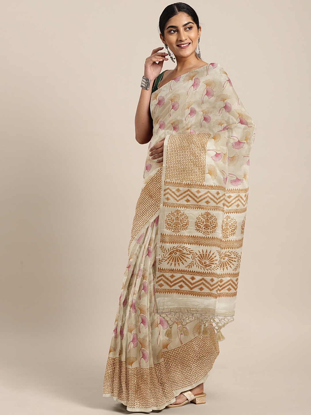 

KALINI Beige & Purple Floral Print Tussar Saree