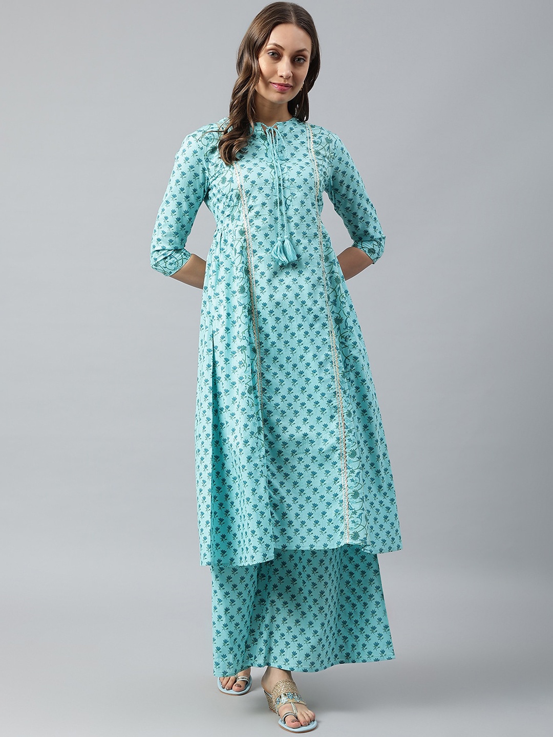 

SIAH Women Teal Printed Panelled Gotta Patti Pure Cotton Kurta with Palazzos