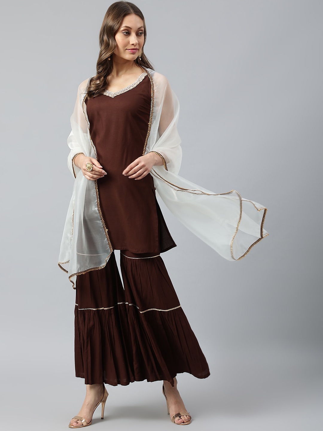 

SIAH Women Brown Layered Gotta Patti Kurti with Sharara & With Dupatta