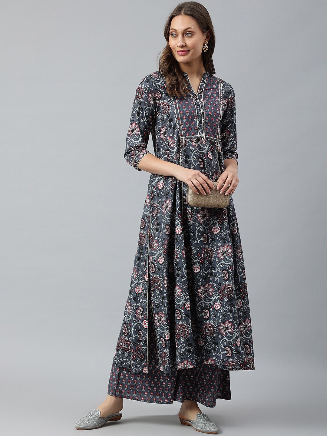 

SIAH Women Brown Ethnic Motifs Printed Panelled Gotta Patti Pure Cotton Kurta with Palazzos