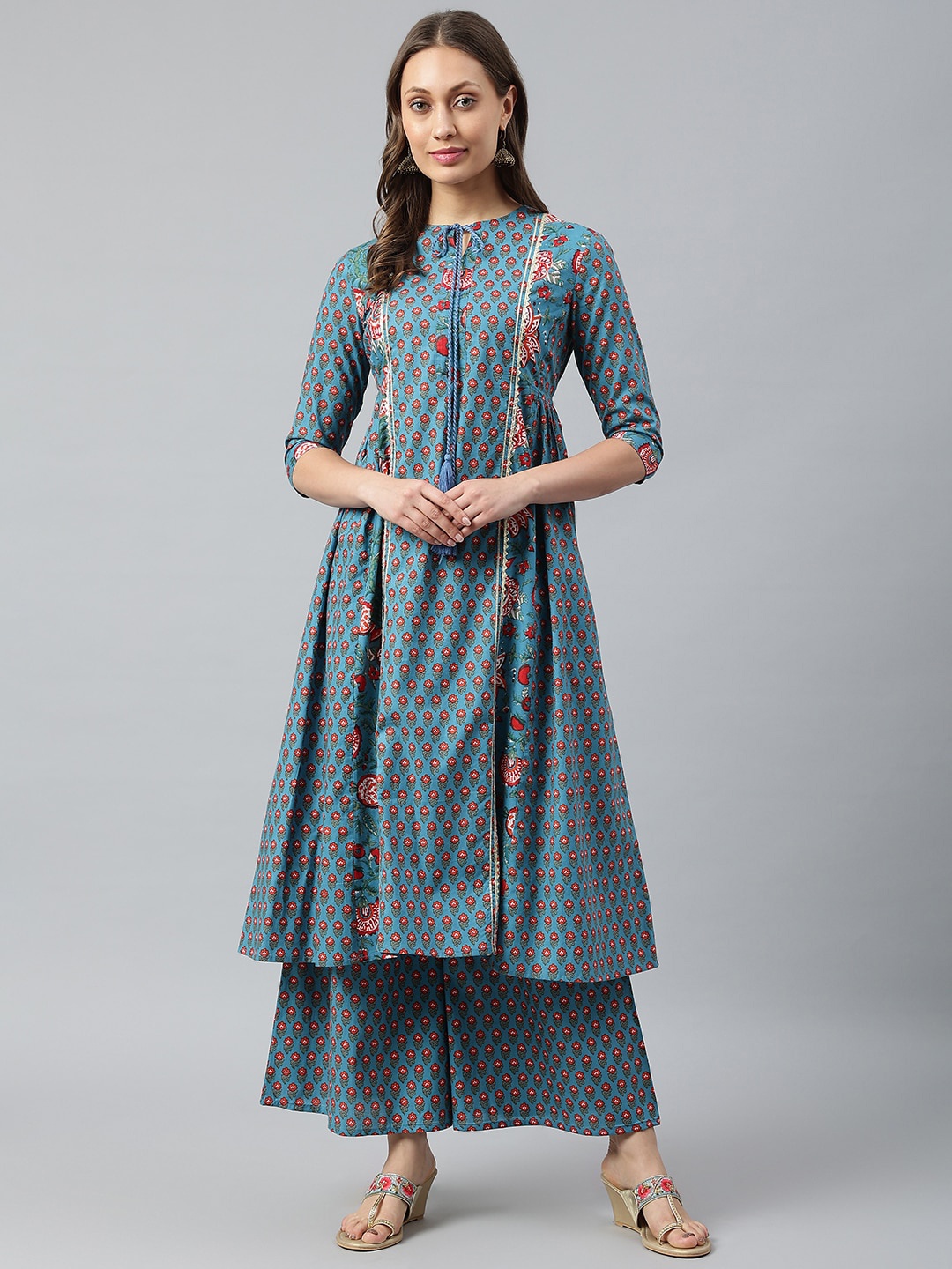 

SIAH Women Blue Printed Pleated Gotta Patti Pure Cotton Kurti with Palazzos