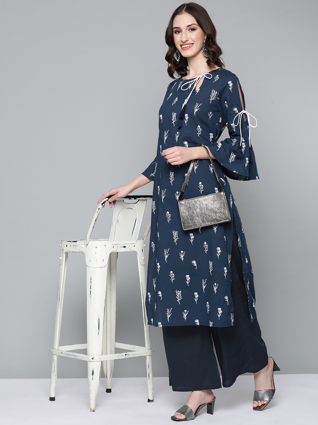 

HERE&NOW Women Navy Blue Printed Pure Cotton Kurta with Palazzos
