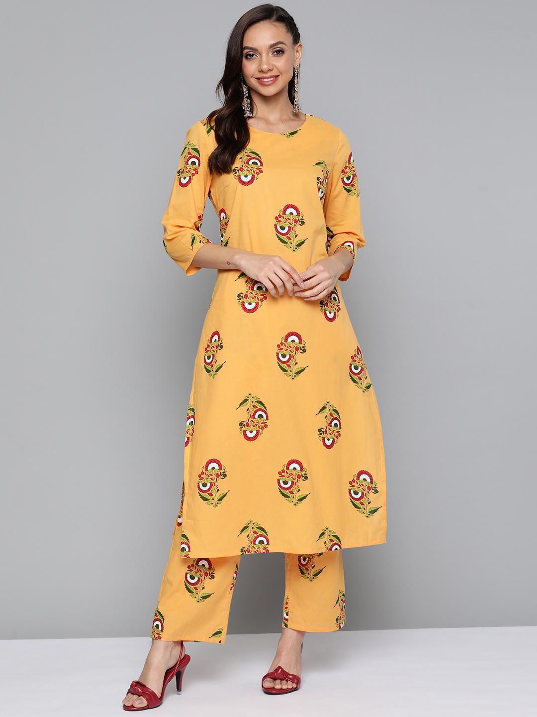 

HERE&NOW Women Yellow Printed Pure Cotton Kurta with Palazzos