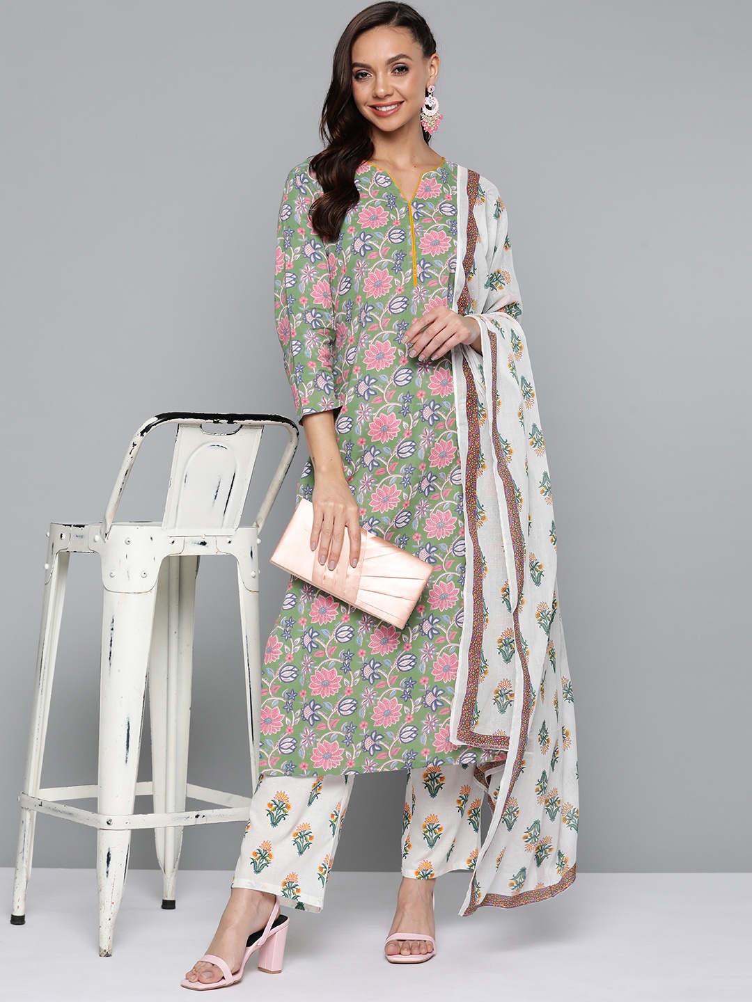 

HERE&NOW Women White Printed Pure Cotton Kurta with Palazzos & With Dupatta