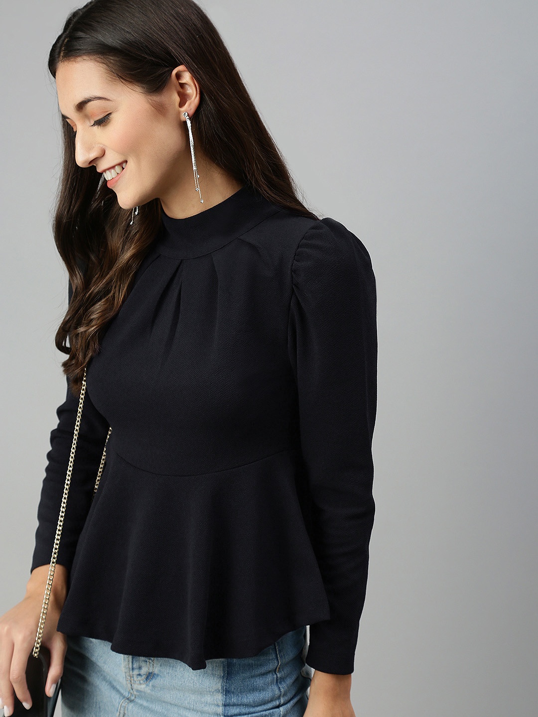

Kryptic Navy Blue Solid High Neck Peplum Top