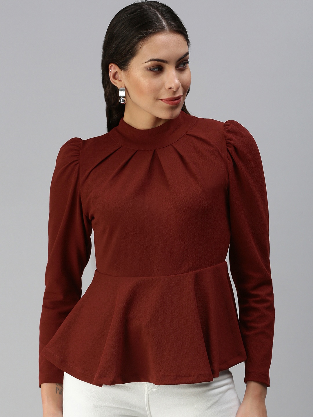 

Kryptic Women Maroon Solid Peplum Top