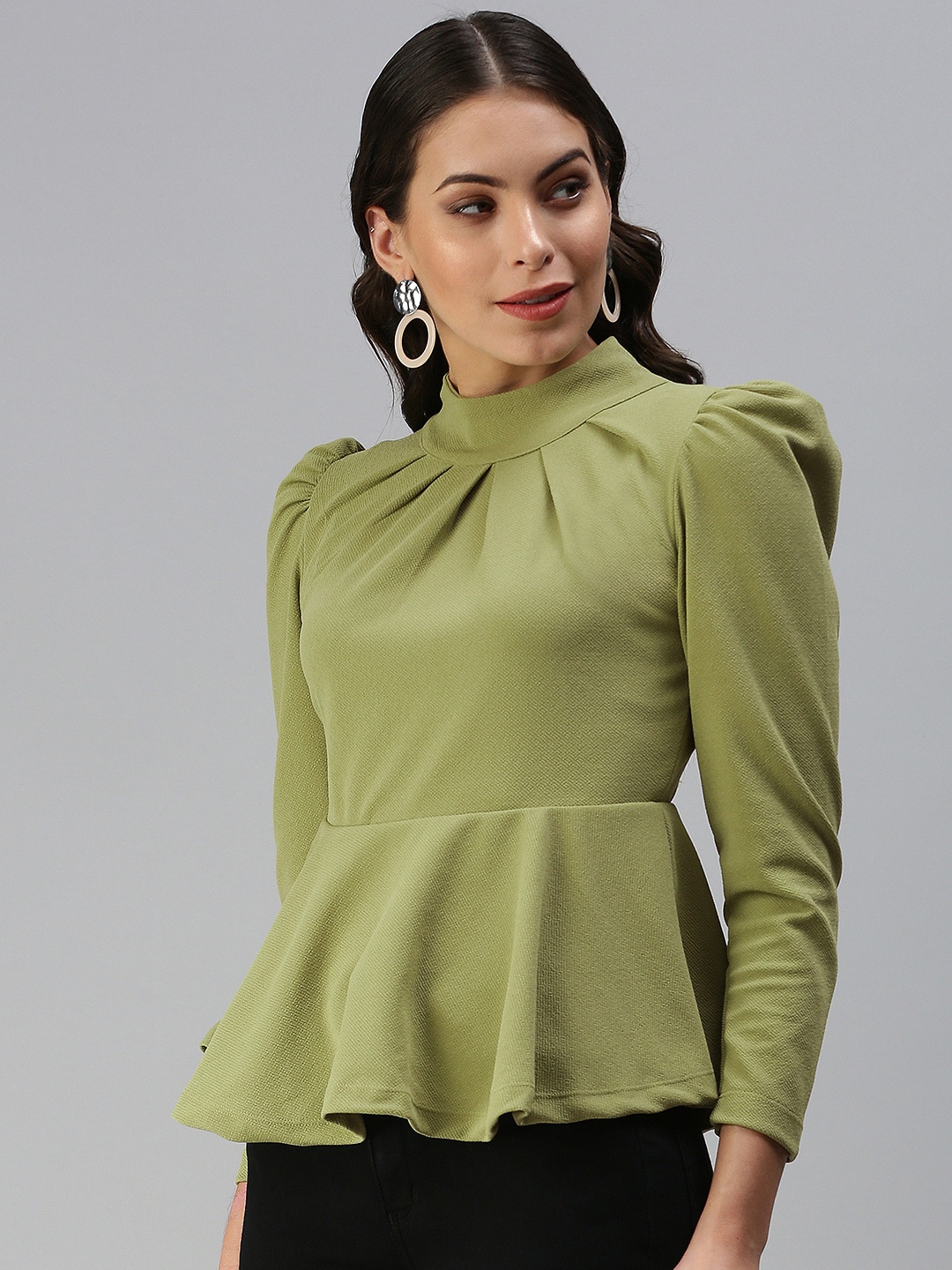 

Kryptic Women Olive Green Solid Peplum Top