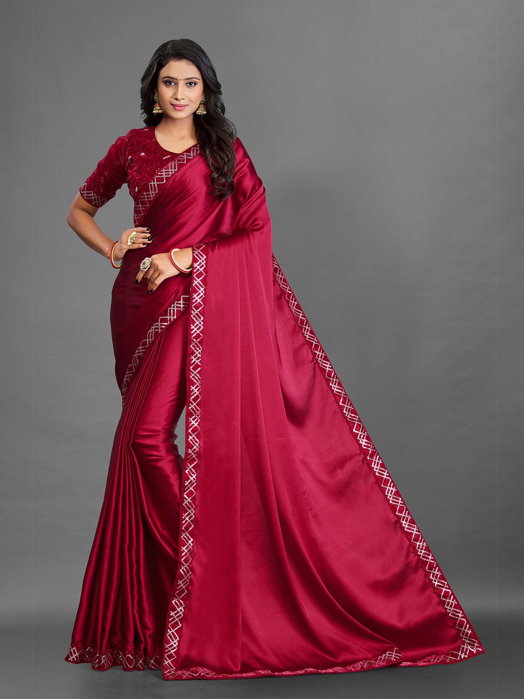 

Zombom Maroon & Gold-Toned Embroidered Satin Banarasi Saree