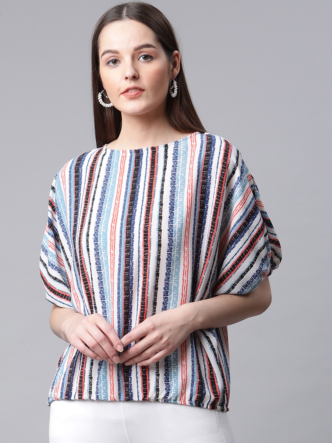 

RIVI Off White & Blue Striped Georgette Top