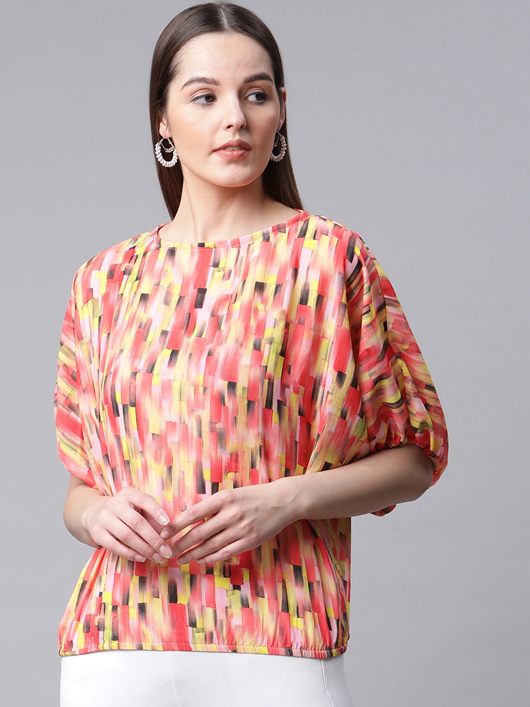 

RIVI Pink & Yellow Geometric Print Georgette Top