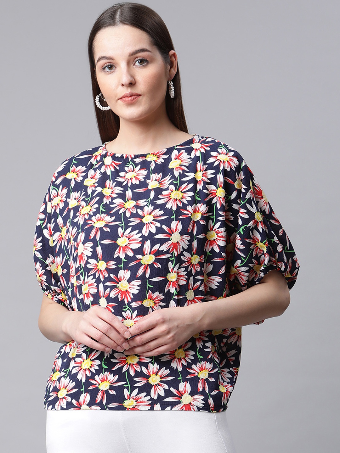 

RIVI Navy Blue & White Floral Print Georgette Top