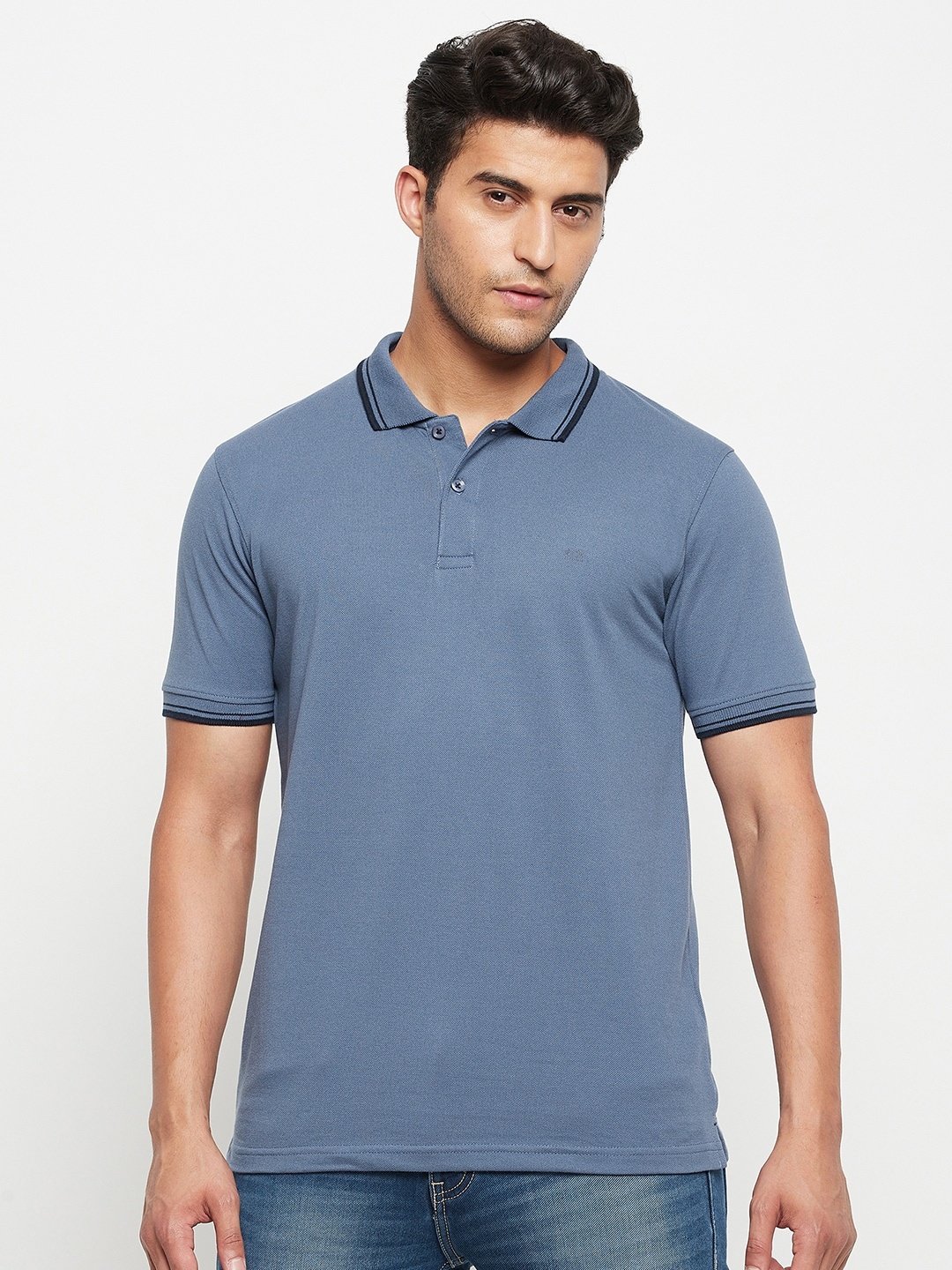 

Okane Men Blue Polo Collar T-shirt