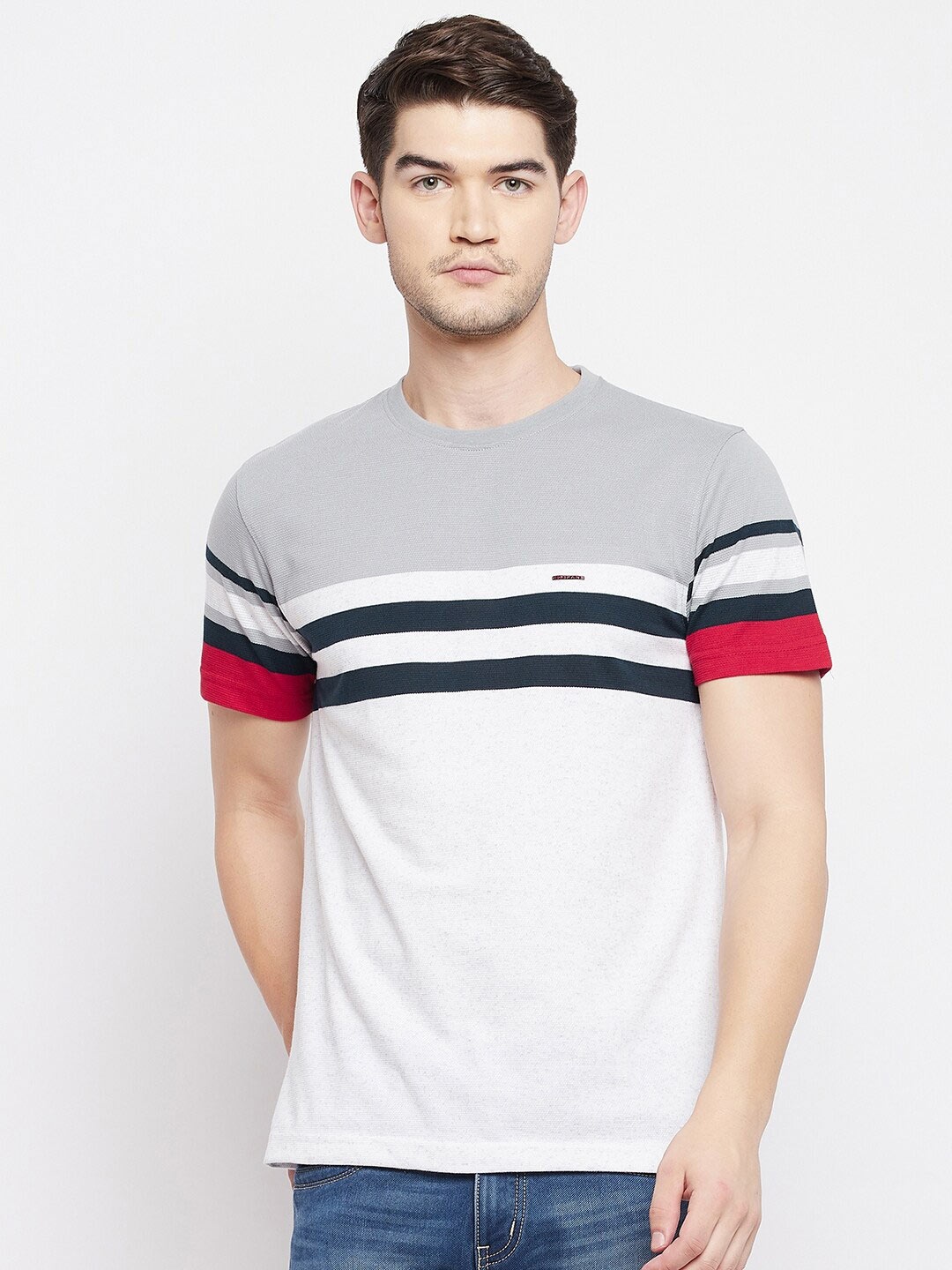 

Okane Men Grey Striped T-shirt