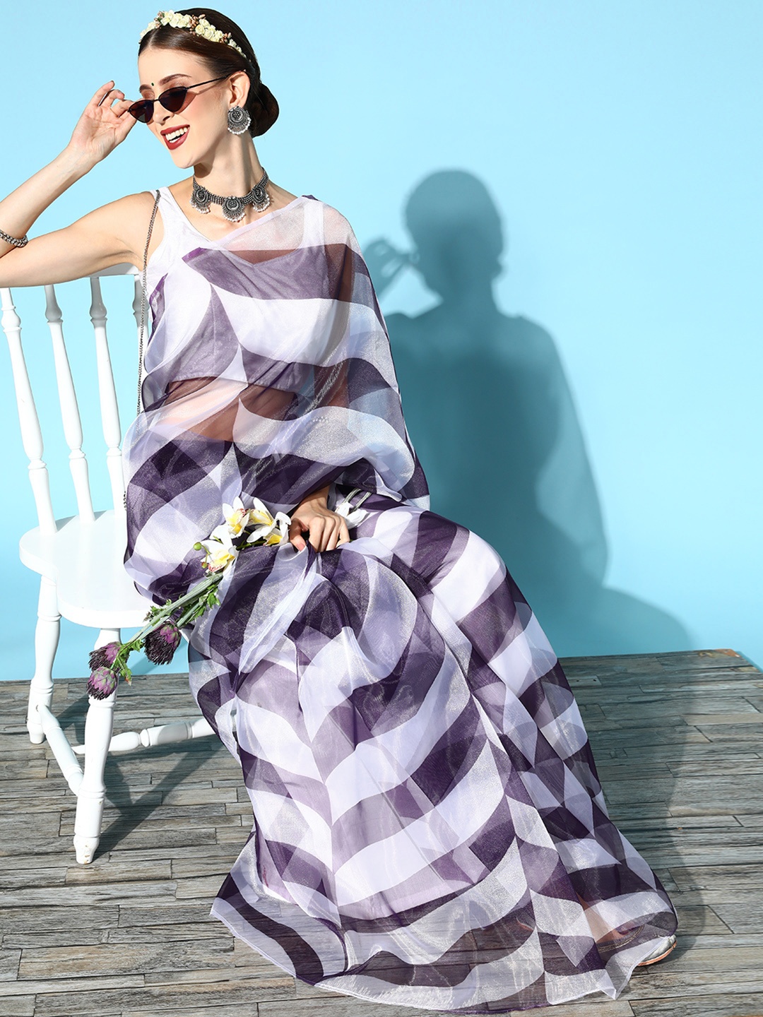 

Mitera Striped Saree, Purple