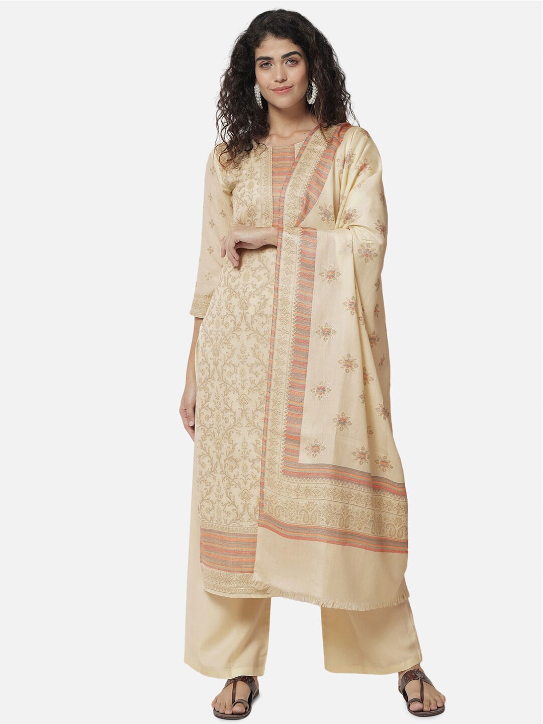 

Jansi Cream-Coloured & Peach-Coloured Printed Unstitched Dress Material