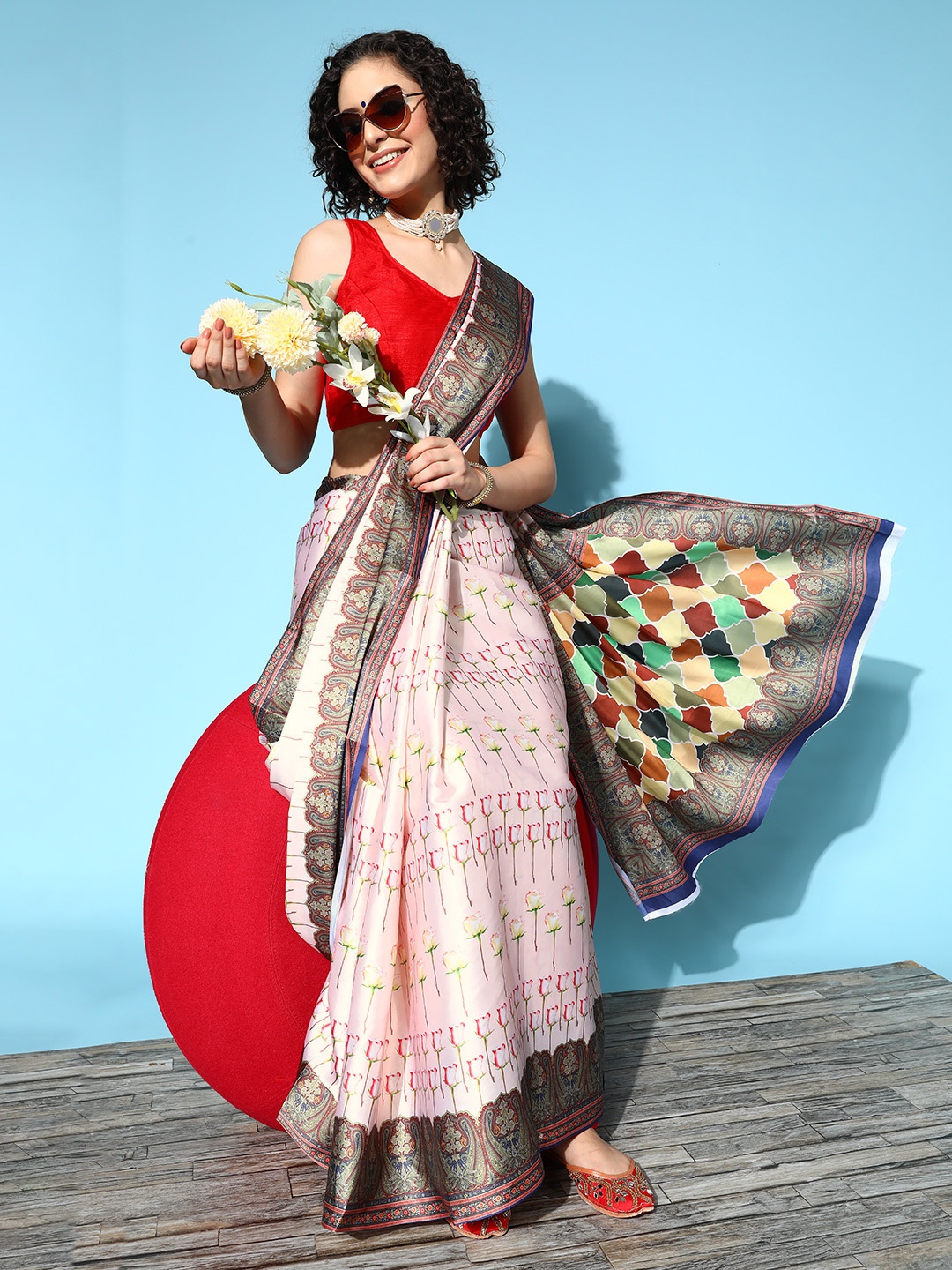 

Mitera Ethnic Motifs Satin Saree with Printed Border, Beige