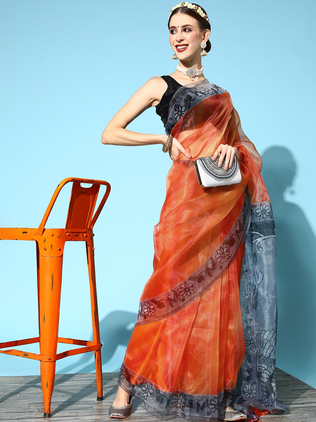 

Mitera Solid Saree with Printed Border, Orange