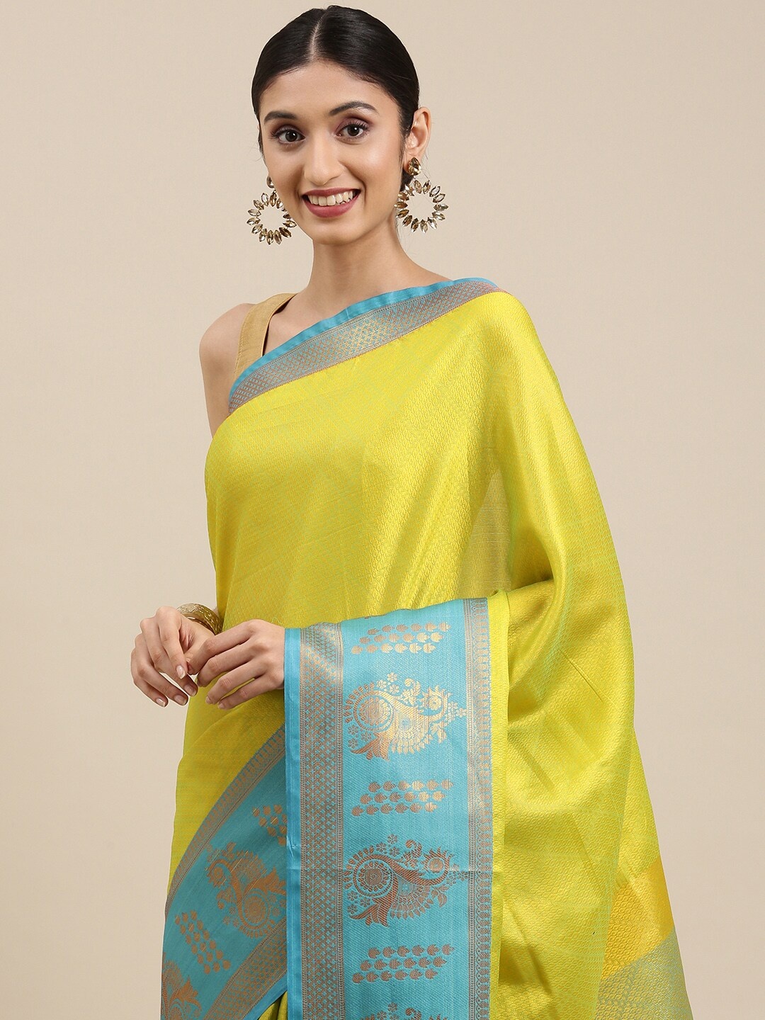 

Pothys Lime Green & Blue Jute Silk Saree