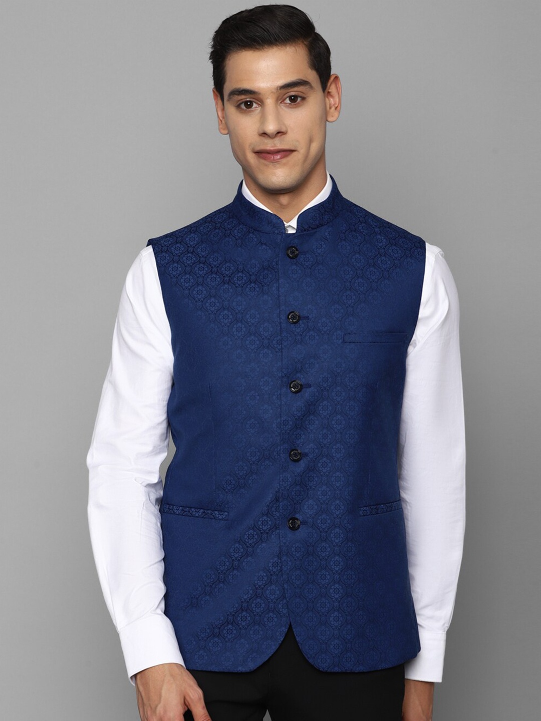 

Allen Solly Men Navy Blue Woven Design Nehru Jackets