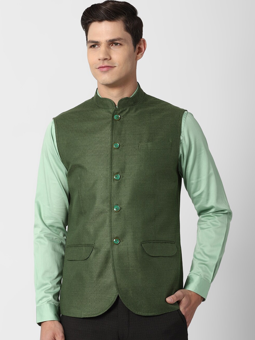 

Peter England Elite Men Olive Green Woven Design Nehru Jacket