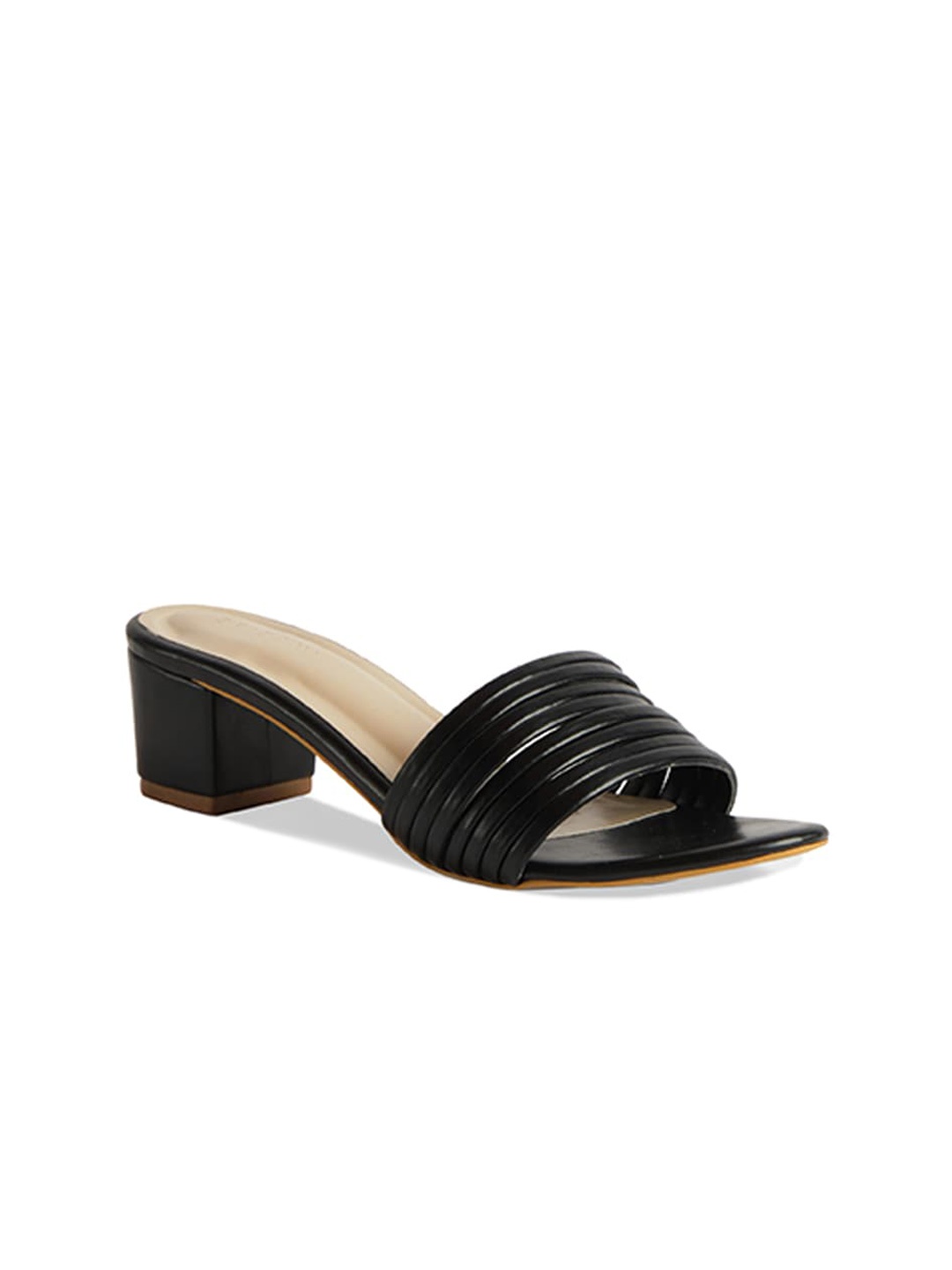 

ERIDANI Black Textured Block Mules with Laser Cuts