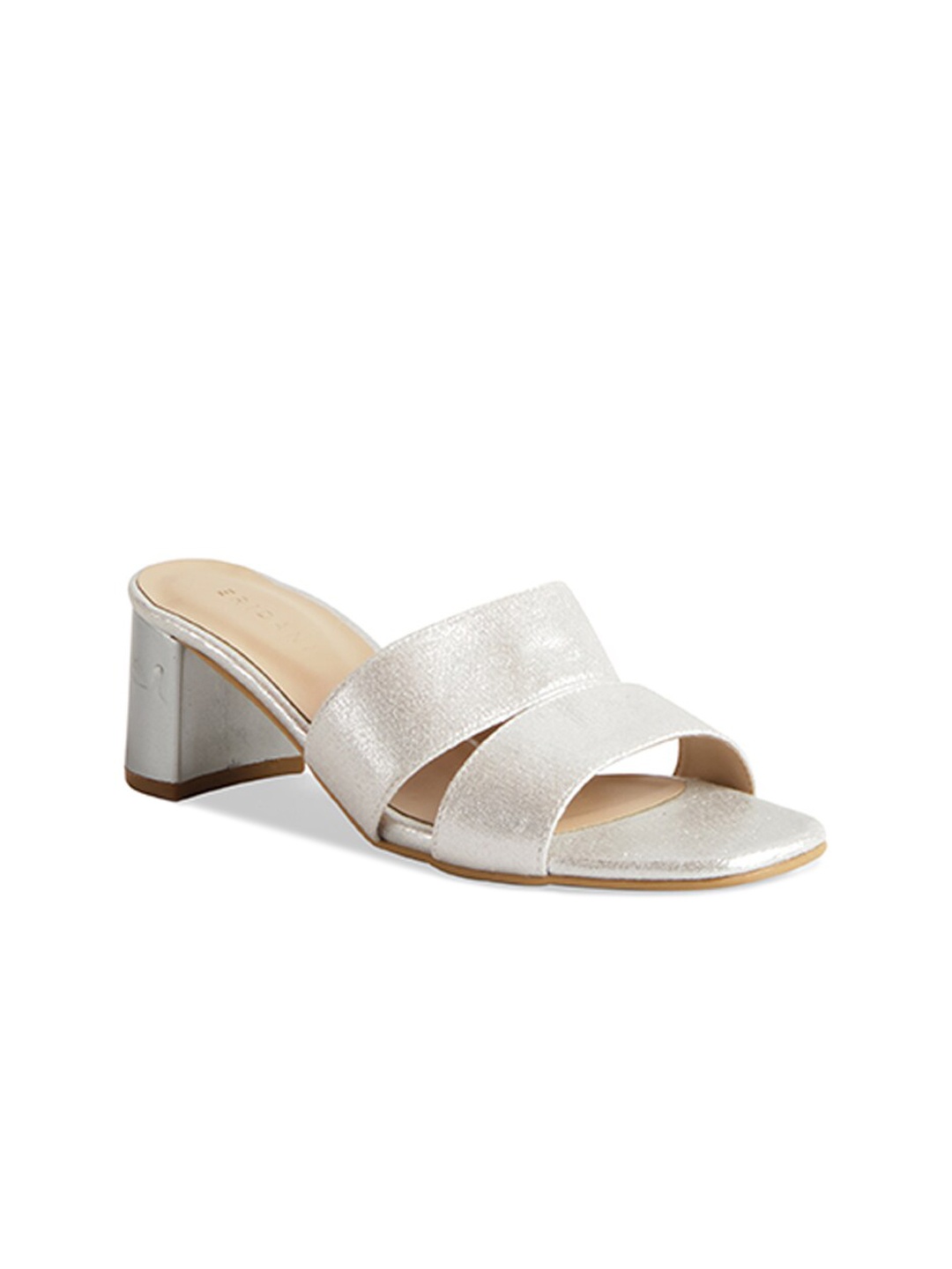 

ERIDANI Silver-Toned Textured Block Mules with Buckles