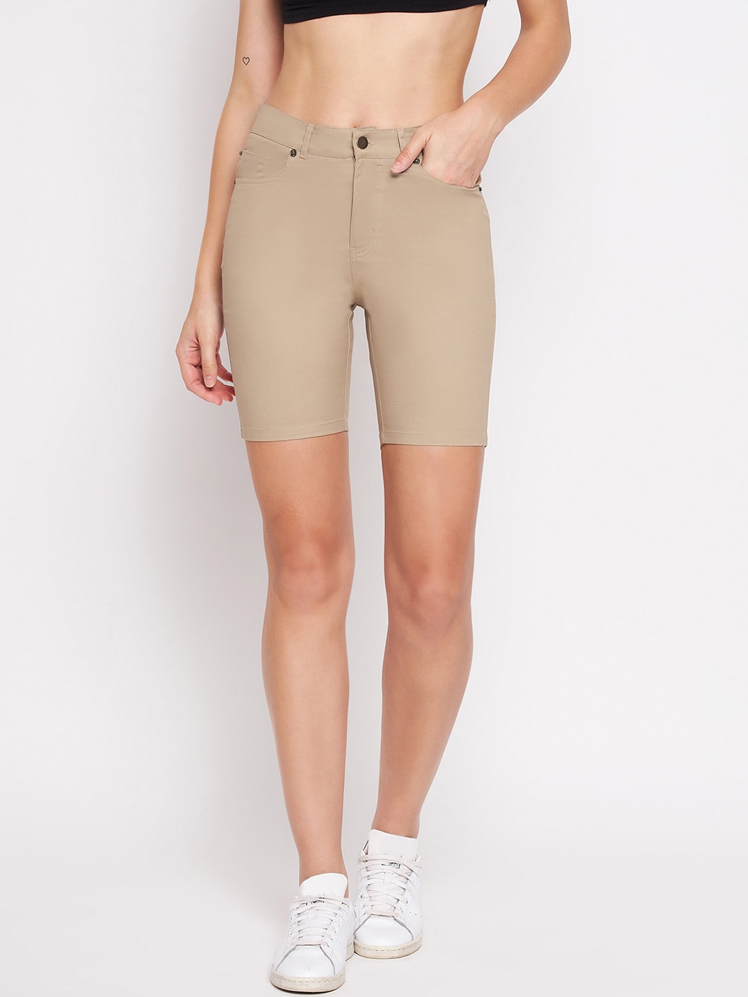 

Hypernation Women Khaki Slim Fit High-Rise Denim Shorts