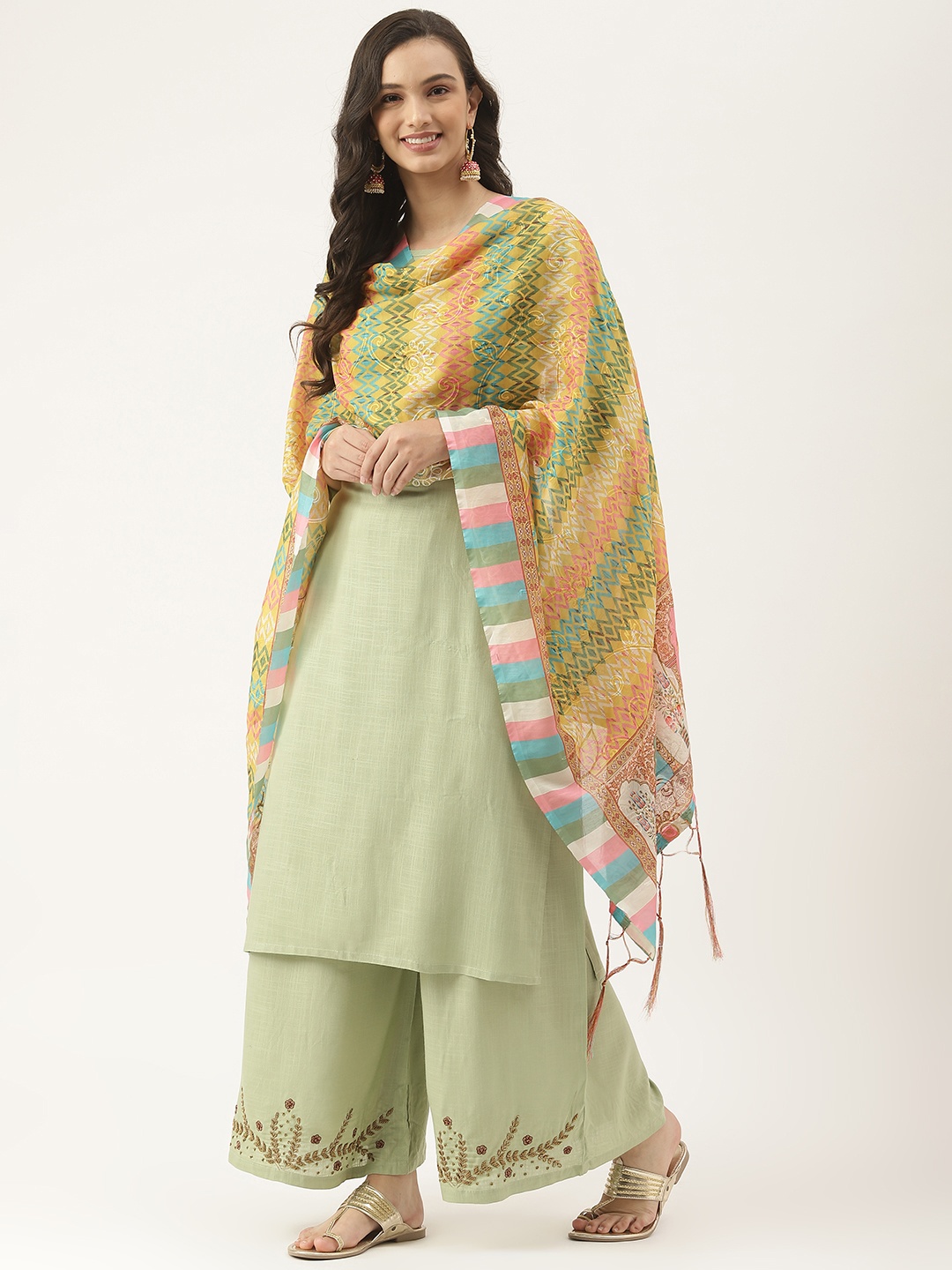 

VAABA Yellow & Green Printed Dupatta