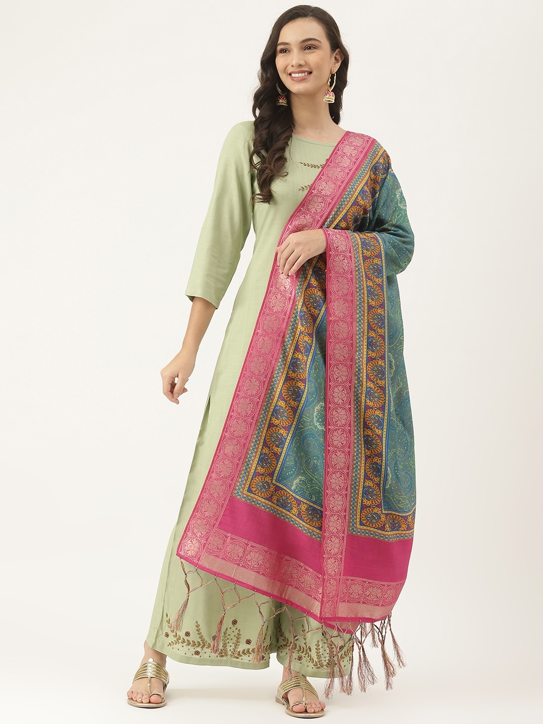 

VAABA Teal & Pink Ethnic Motifs Printed Dupatta with Zari Details