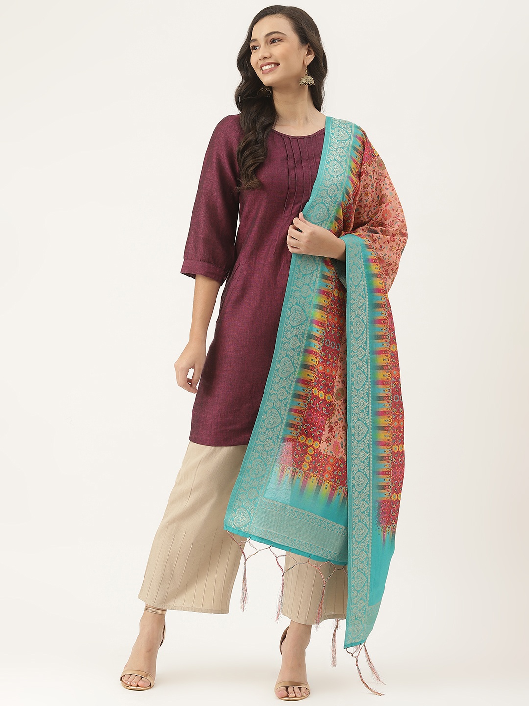 

VAABA Peach-Coloured & Turquoise Blue Ethnic Motifs Printed Dupatta with Zari Details