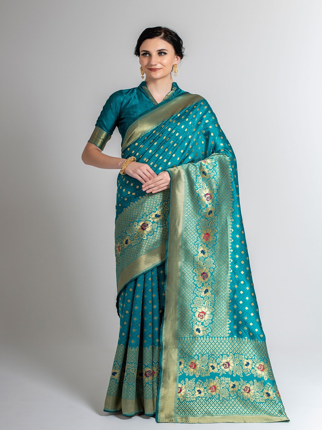 

Lilots Sea Green & Gold-Toned Woven Design Silk Blend Kota Saree