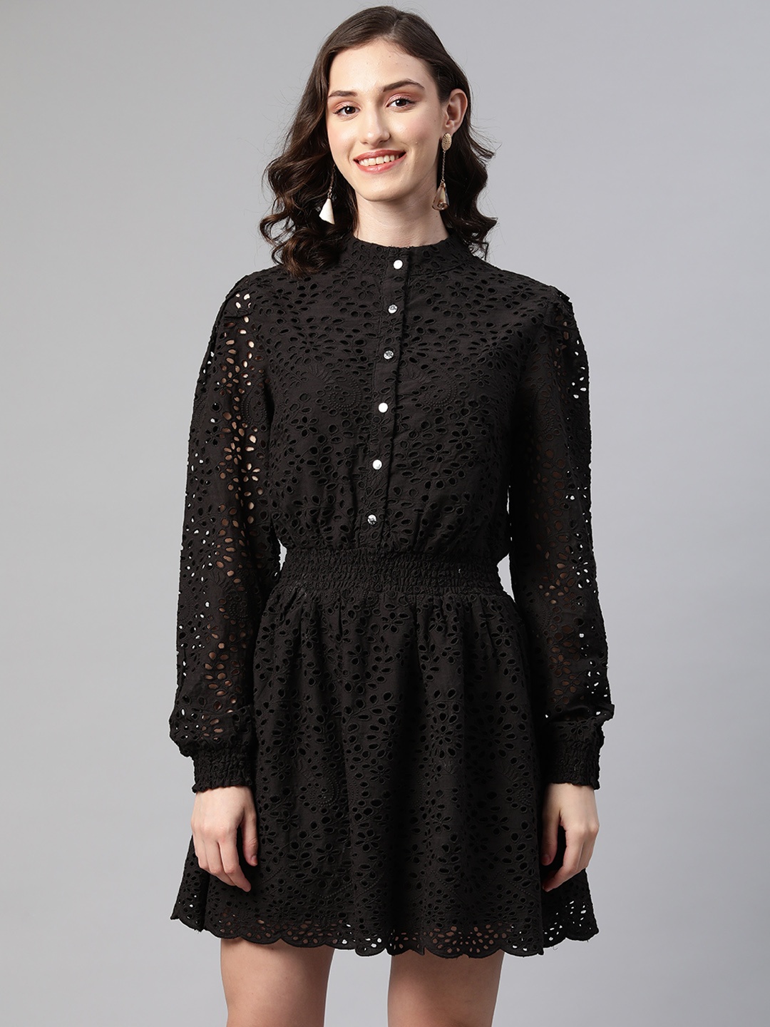 

I AM FOR YOU Women Black Cotton Schiffli Embroidered Fit & Flare Dress