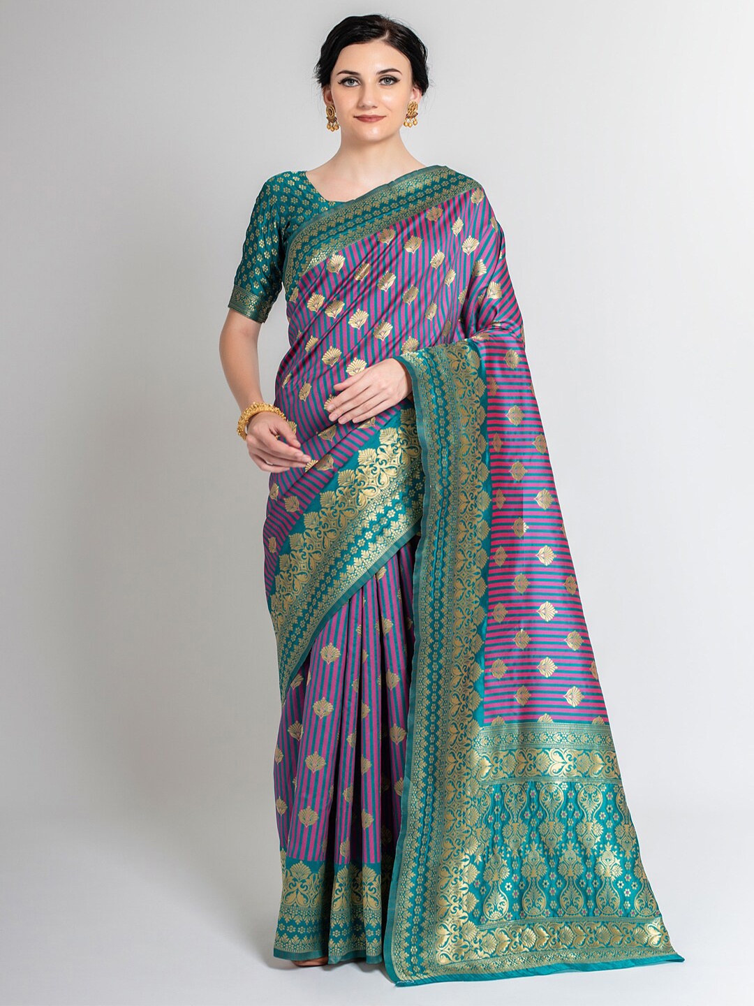 

Lilots Sea Green & Purple Ethnic Motifs Silk Blend Kota Saree