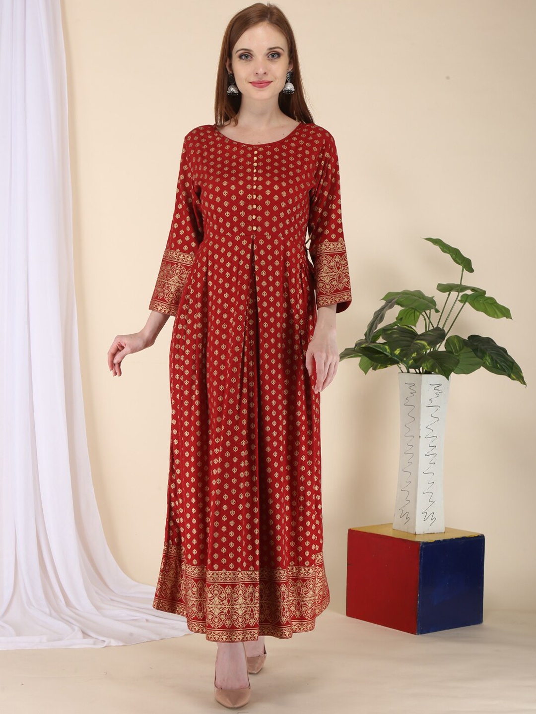 

ERISHA Women Maroon Ethnic Motifs Printed Flared Sleeves Floral Anarkali Kurta