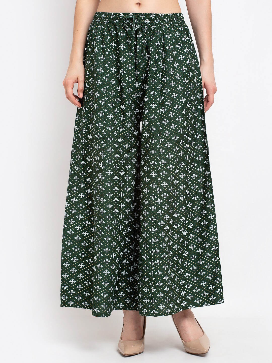 

Jinfo Women Green & White Ethnic Motifs Printed Flared Ethnic Palazzos