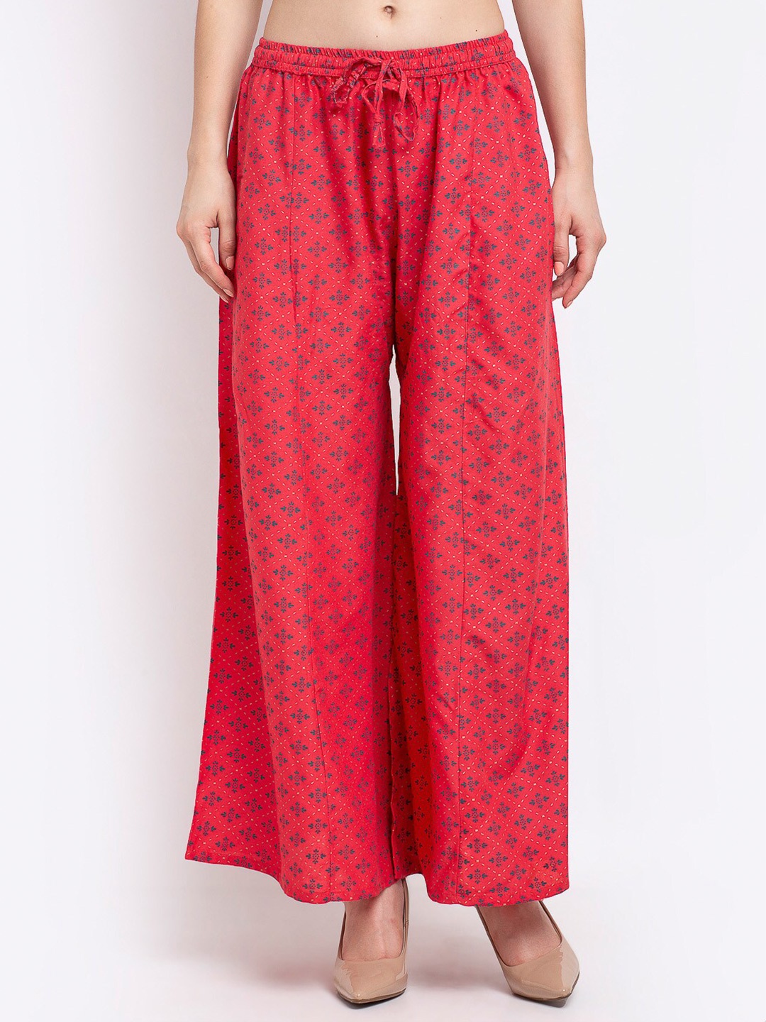 

Jinfo Women Pink & Grey Floral Printed Flared Knitted Ethnic Palazzos