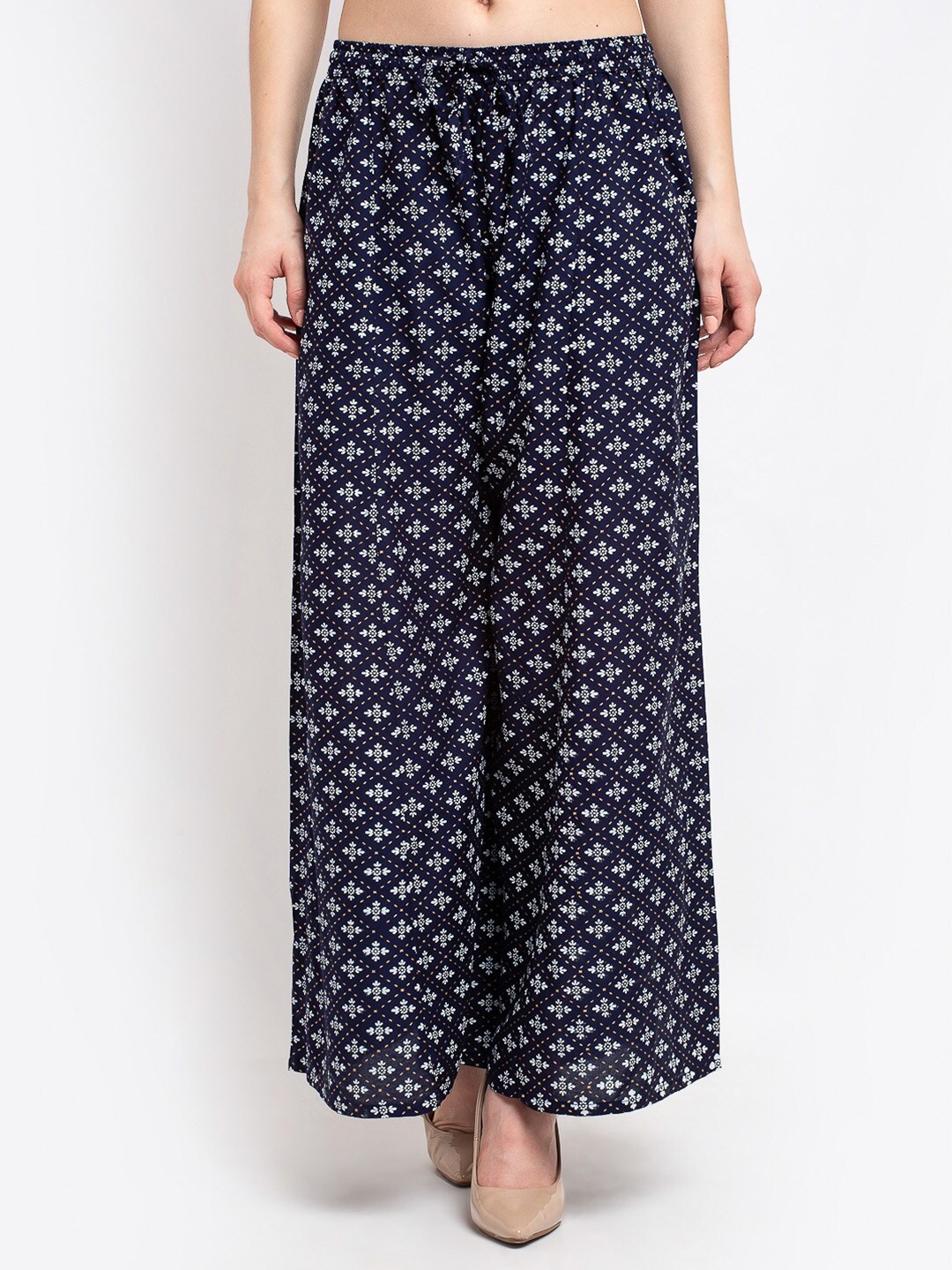 

Jinfo Women Navy Blue & White Printed Flared Knitted Palazzos