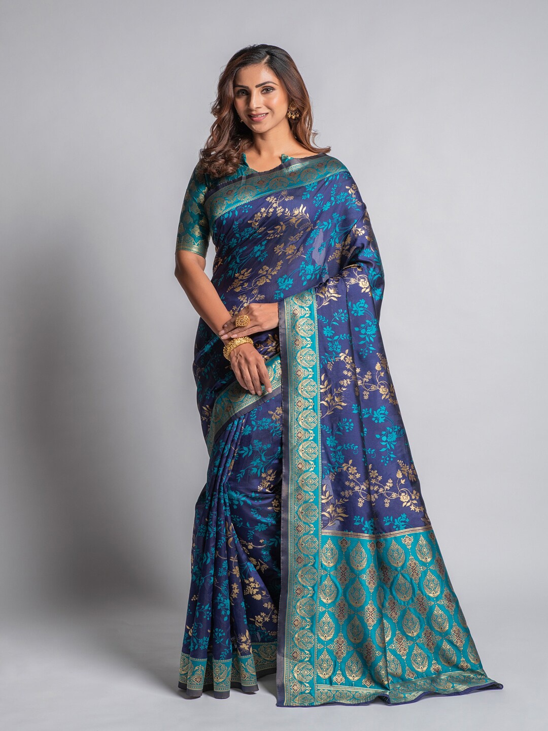 

Lilots Blue & Green Woven Design Zari Silk Blend Banarasi Saree