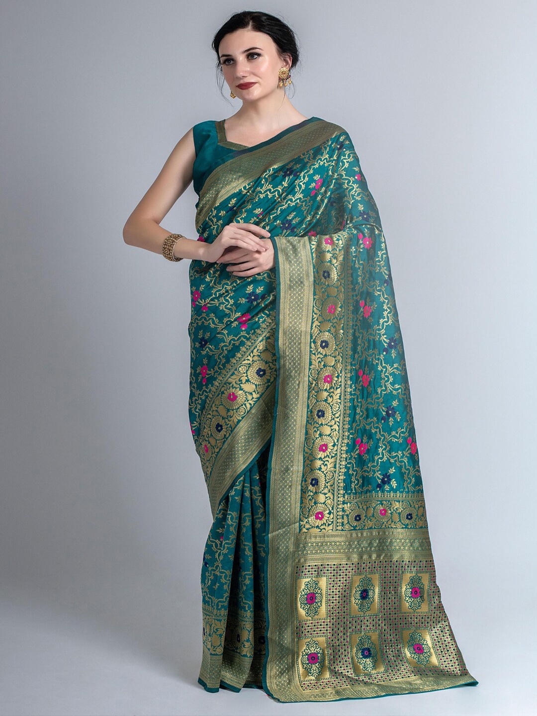 

Lilots Teal & Gold-Toned Woven Design Silk Blend Kota Saree