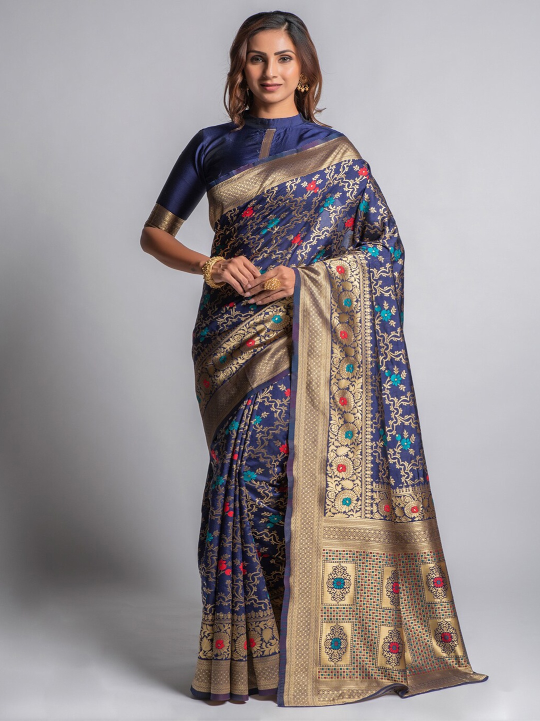 

Lilots Navy Blue & Pink Floral Zari Silk Blend Kota Saree