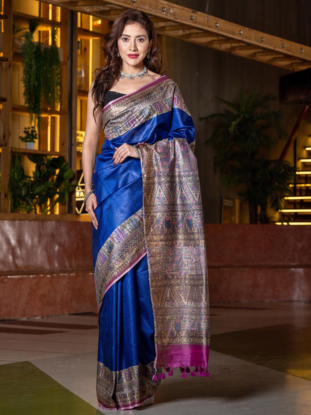 

BEATITUDE Blue & Pink Floral Pure Silk Tussar Saree