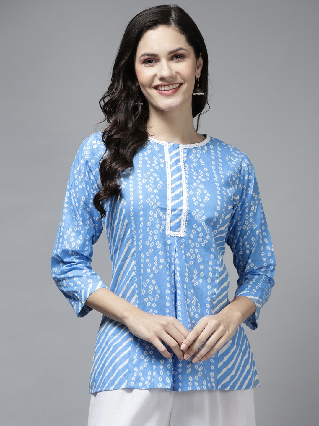 

Bhama Couture Blue & White Print A-Line Top