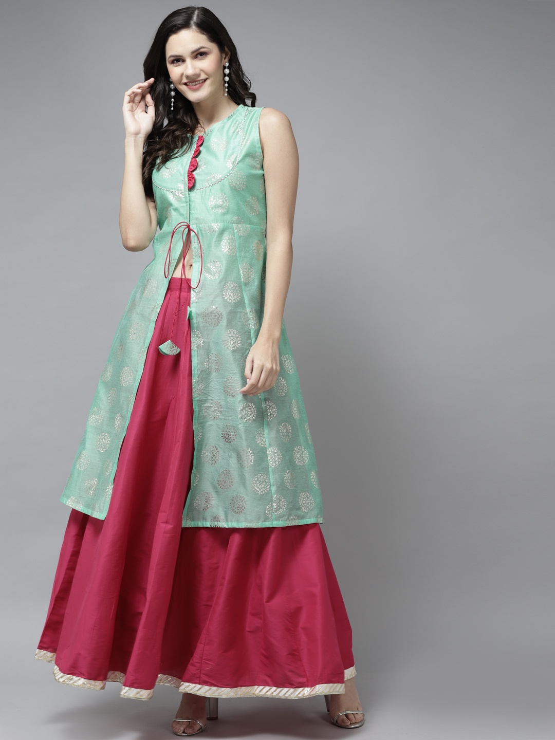 

Bhama Couture Women Sea Green Printed Chanderi Silk Kurta with Skirt