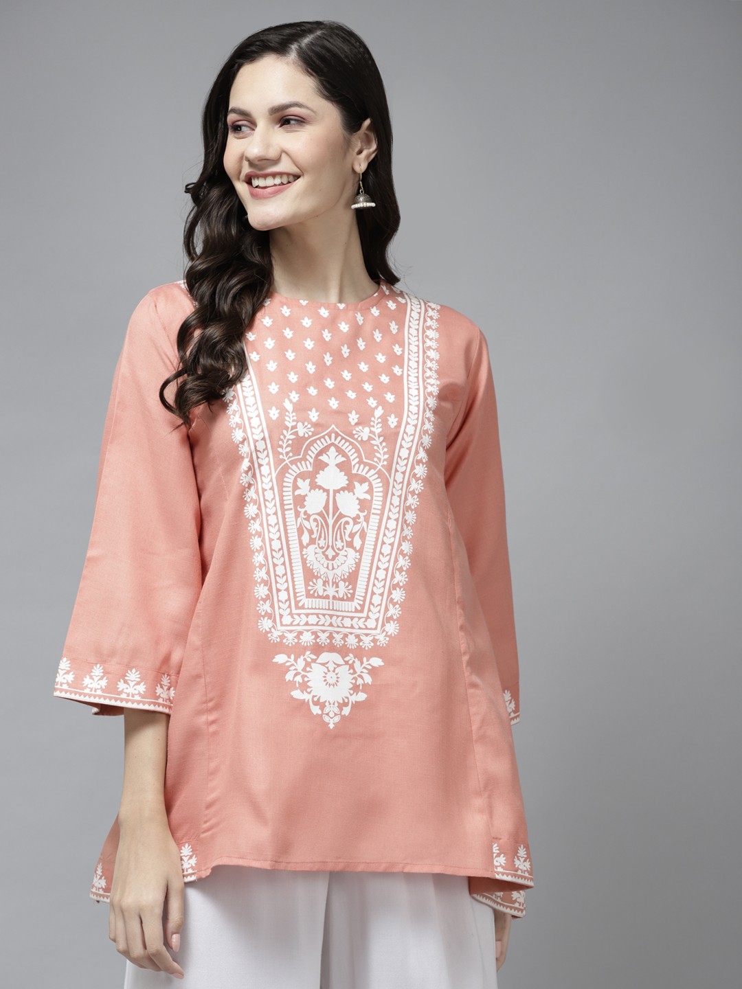 

Bhama Couture Peach-Coloured & White Printed A-Line Tunic