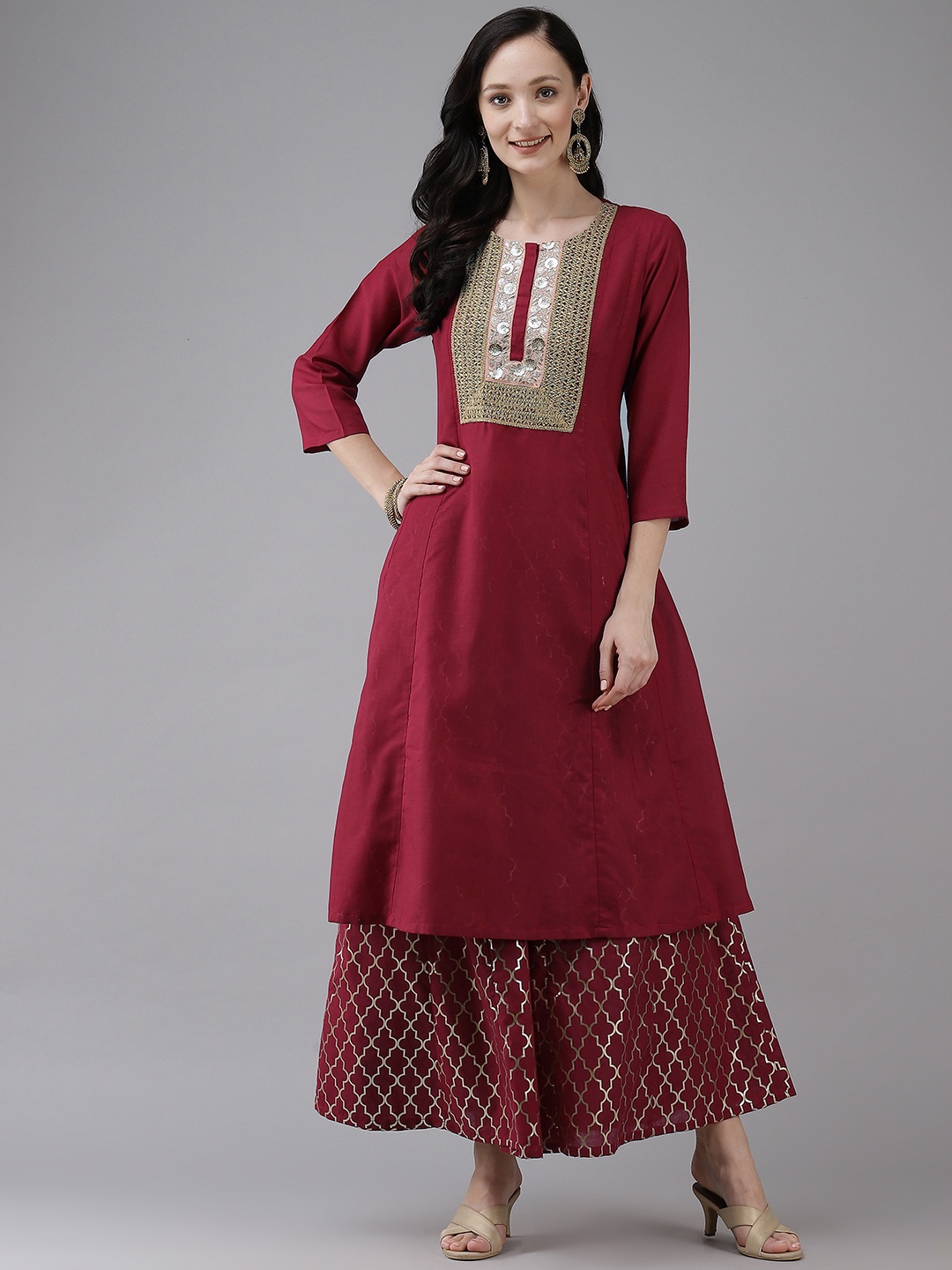 

Bhama Couture Women Maroon Ethnic Motifs Kurta with Sharara